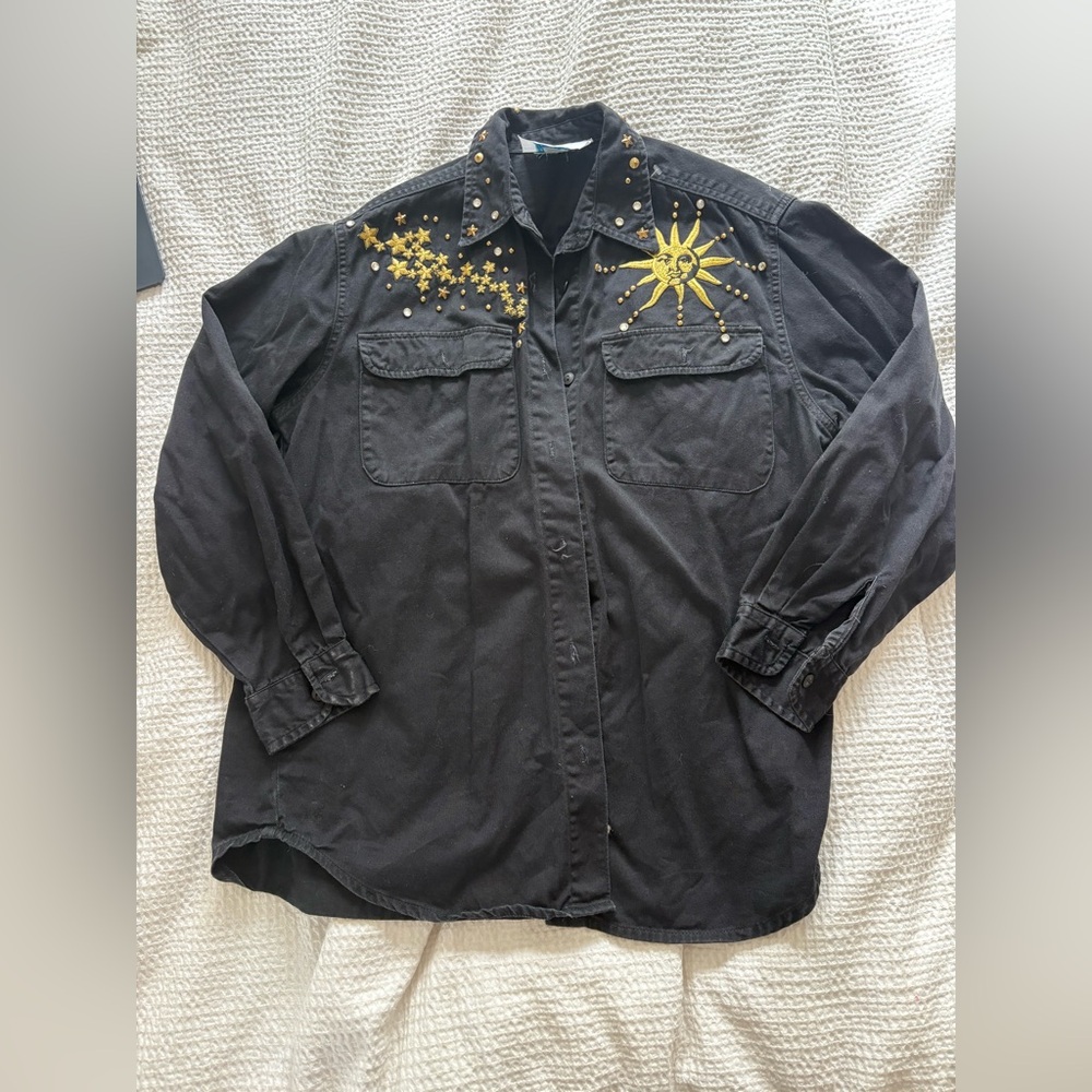 Vintage Women’s Embellished Black Button Down Shirt with Gold Accents - small